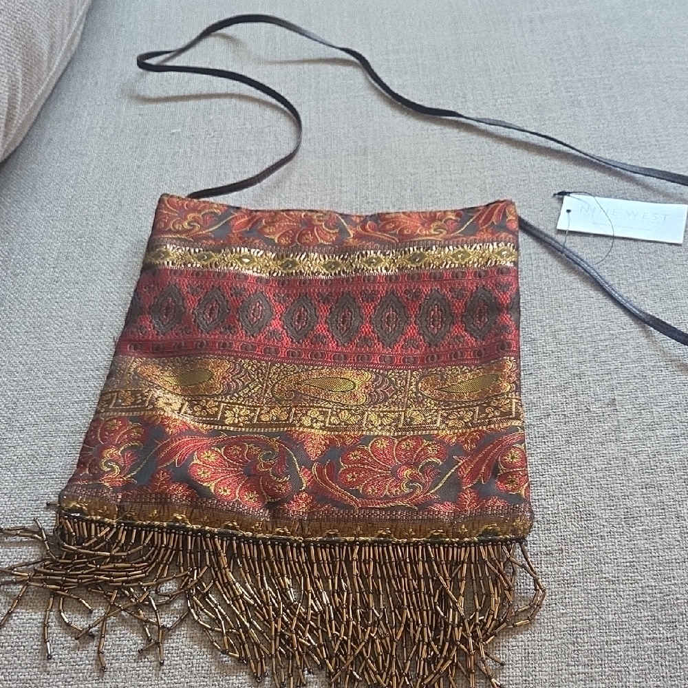 Nine West Red and Gold Tapestry Crossbody Bag